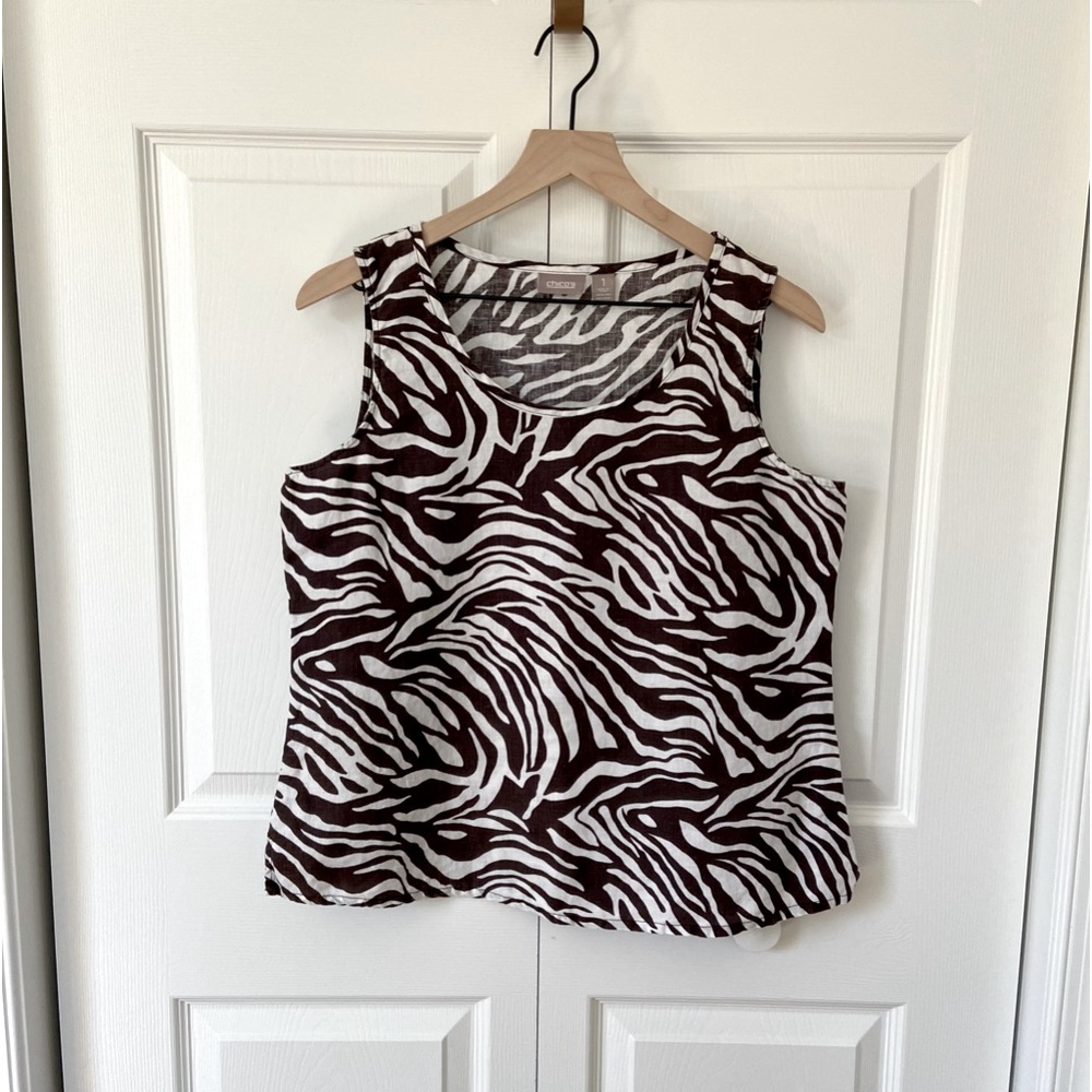 Chico’s 100% Linen Sleeveless Brown Animal Print Top Scoop Neck Size 1 (Med/8)